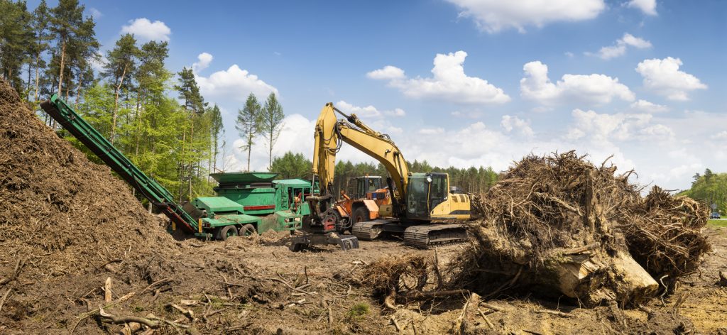 The construction machinery used for removes roots to prepare the ground